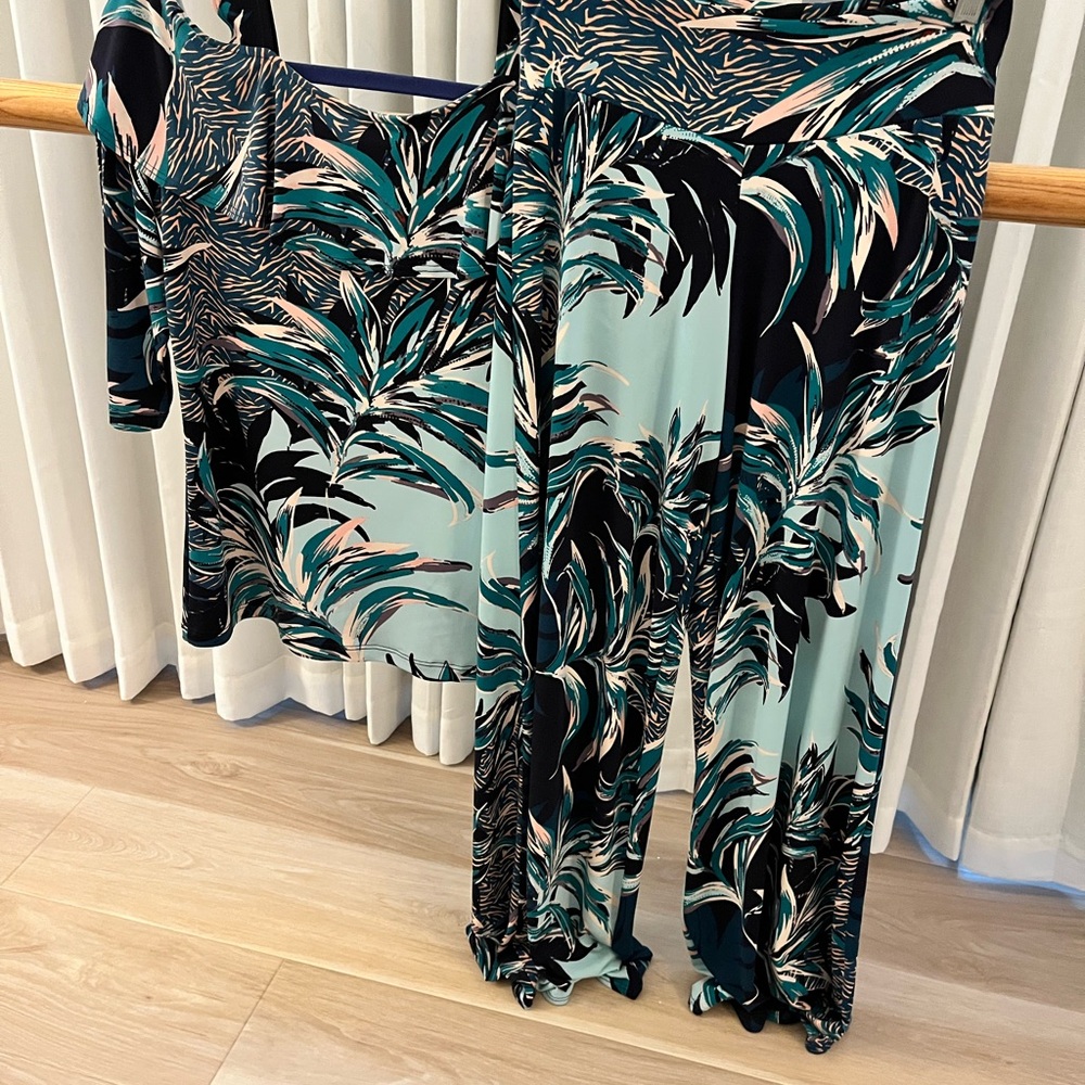 CLARA SUNWOO Leaf Print Jumpsuit in Black and Green